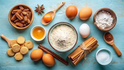 Baking ingredients arranged on a blue textured surface, overhead view