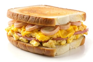 Scrambled egg sandwich with ham and cheese isolated on white background