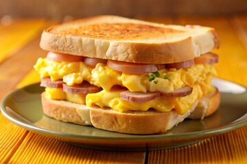 Scrambled egg sandwich with ham and cheese isolated on white background