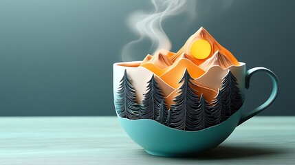 A creative paper art landscape inside a teacup with steam and a sun against a muted background
