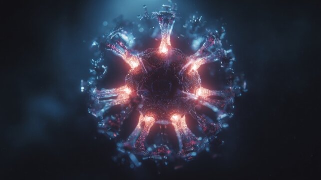 Detailed microscopic view of a vibrant virus cell, perfect for medical research and educational content creation in the science field, stunning design