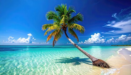 A lone palm tree leans over a pristine white sand beach beside crystal clear turquoise ocean water under a bright blue sky with scattered clouds