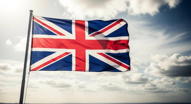 United kingdom flag waving in light wind against a cloudy sky. Patriotic symbol for national pride, identity, celebration.