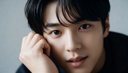 Fototapeta premium 頬杖をついて優しく微笑む若い男性のポートレート