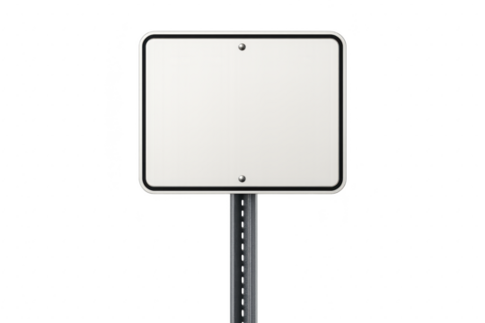 Blank reflective road sign isolated with metal post and clean transparent background