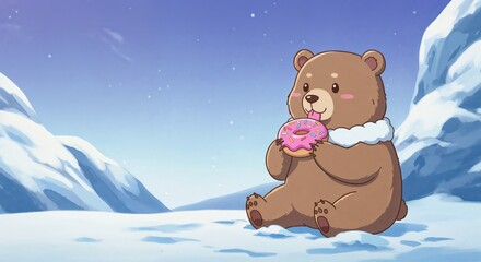 Bear Delight in Snowy Landscape: In a whimsical winter scene, a charming cartoon bear savors a delectable donut amidst snow-covered landscapes, radiating warmth and joy amidst the cool❄️.