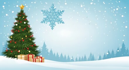 Obraz premium Decorated Christmas Tree With Presents Underneath Snowy Winter Landscape With Falling Snowflakes