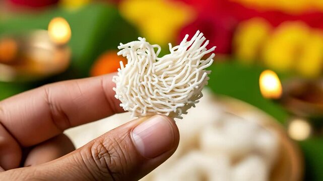 Traditional Indian rice noodle delicacy, likely Idiyappam or Sevai, held by a hand against a vibrant, blurred cultural backdrop with a lamp.