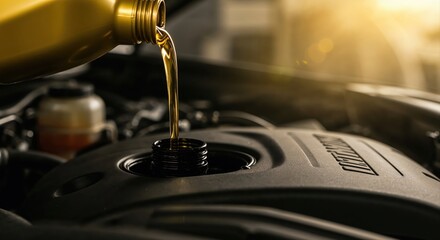 Engine's Lifeblood: A stream of fresh oil pours into a car engine, highlighting routine car maintenance. The image accentuates the pivotal role oil plays in preserving a vehicle's longevity.
