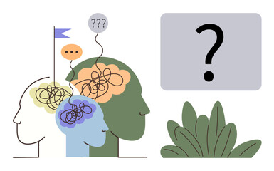 Fototapeta premium Human silhouettes with tangled lines represent mental complexity, overthinking, and confusion. Accompanied by speech bubbles, a flag, plants, and a question mark. Ideal for psychology