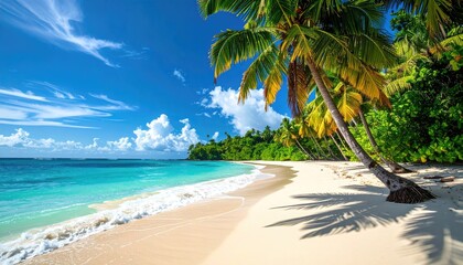 Obraz premium Aerial View of a Tropical Beach Paradise with Palm Trees Lush Greenery and Crystal Clear Turquoise Water Under a Bright Blue Sunny Sky with Fluffy Clouds