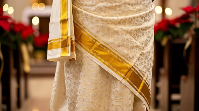 Close-up of traditional Indian white and gold attire, featuring intricate patterns and rich golden borders, worn during a formal cultural or religious ceremony.