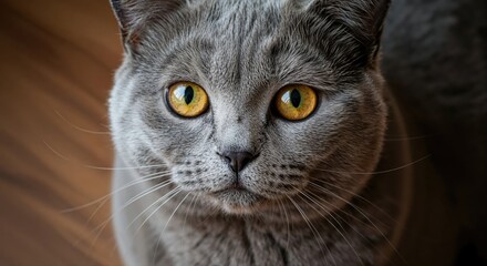 Graceful Grey Cat with Bright Yellow Eyes: A stunning close-up of a elegant grey cat with striking yellow eyes, gazing intently at the viewer. Emphasizing its regal presence and captivating beauty.