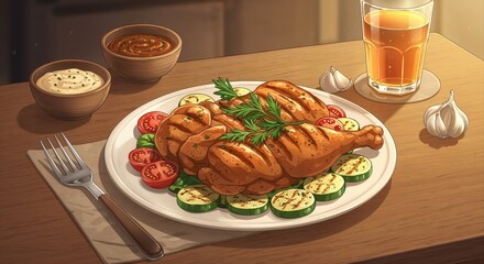 Culinary Delight: An appetizing culinary spread features a perfectly roasted chicken, vibrant vegetables, and refreshing beverage, inviting a feast for the senses.