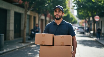 Delivery Day: A focused delivery courier navigating a sunlit city street, boxes stacked, anticipating the next delivery destination. 