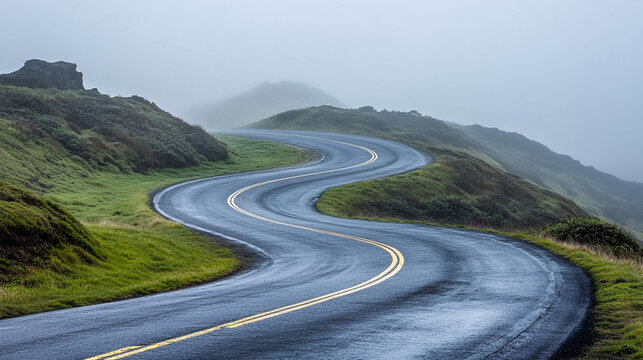 A mountain road curves through morning fog symbolizing journey mystery and serenity representing nature's beauty exploration and the quiet allure of misty landscapes