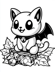 Cute kawaii cat dressed as vampire sits on pile of leaves, surrounded by Halloween treats, exuding playful and cheerful vibe perfect for coloring