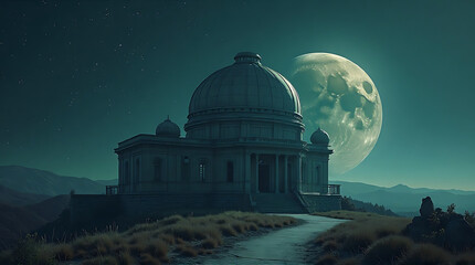 Obraz premium A domed observatory building sits atop a hill under a night sky with a large, bright moon, with a path leading up to it.