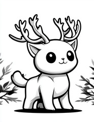 Cute kawaii cat with reindeer antlers, surrounded by foliage, creates whimsical and playful atmosphere. This charming illustration captures essence of holiday cheer and joy