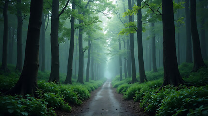 Fototapeta premium A path winds through a dense forest with tall trees, lush green foliage, and a misty atmosphere creating a serene and tranquil scene.