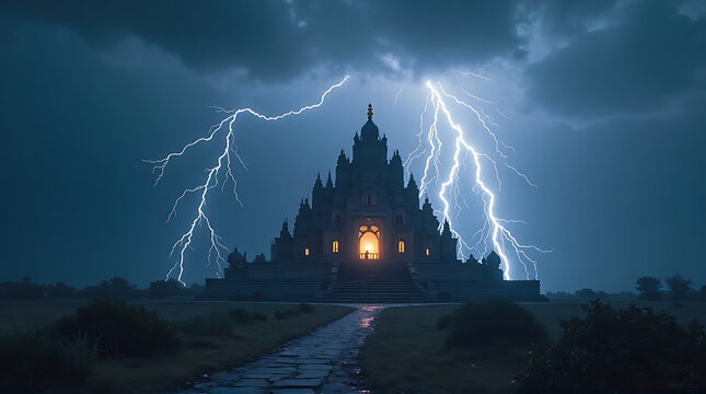 A majestic, dark castle stands illuminated against a stormy sky with lightning bolts striking around it, creating a dramatic and ominous scene.
