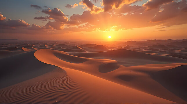 Golden sunset over vast sand dunes, creating dramatic shadows and highlights across the undulating desert landscape under a cloudy sky.