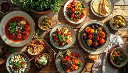 Abundant Mezze Platter Overflowing with Fresh Mediterranean Salads and Dips on a Rustic Wooden Table Illuminated by Warm Sunlight