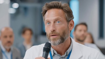 Medical crisis communication expert in medium shot explaining sensitive healthcare updates to a concerned audience highlighting empathy and clarity.