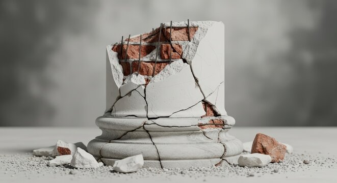 Fragmented Classical Column Base Showing Exposed Red Brick and White Plaster Cracks Dramatic Cloudy Sky Background - Powered by Adobe