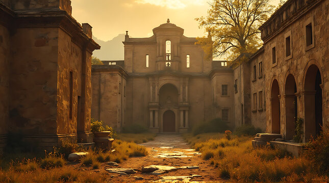 A weathered stone building stands at the end of a grassy courtyard, bathed in the warm glow of the setting sun, flanked by other aged structures.