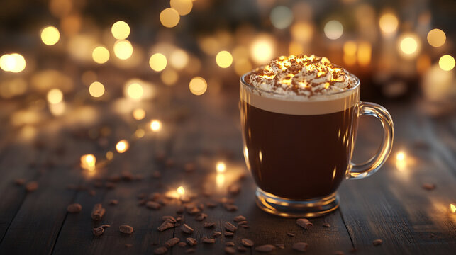 A mug of cocoa with frothy top reflects warm light, evoking comfort and indulgence, cozy ambiance, and inviting, rich chocolate tones.
