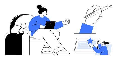 Woman seated with laptop on cozy couch, cat nearby. Handwriting with fountain pen and editing graphics on tablet. Ideal for creativity, freelancing, remote work, content creation, education