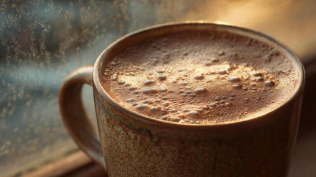 A mug of cocoa with frothy top reflects warm light, evoking comfort and indulgence, cozy ambiance, and inviting, rich chocolate tones.
