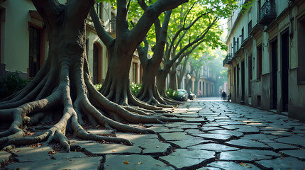 A tree-lined cobblestone street with exposed roots stretches into the distance, flanked by buildings, with a figure walking in the hazy background.