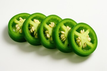 Sliced jalapeno pepper rings with seeds and glossy texture isolated on pure white background