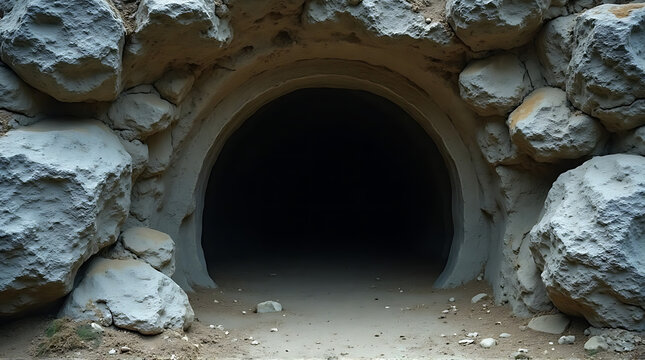 A concrete tunnel entrance surrounded by large, light-colored rocks and dirt, leading into darkness. - Powered by Adobe