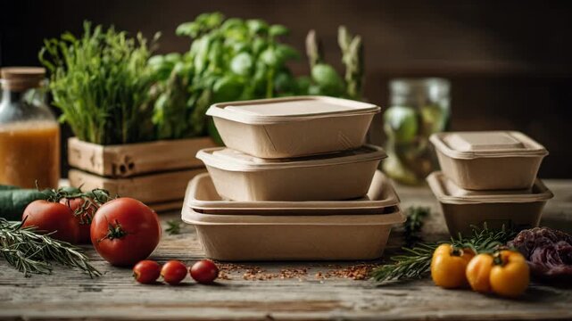 Medium shot of stacked biodegradable food containers on a wooden table with fresh ingredients nearby highlighting green packaging solutions for takeout meals.