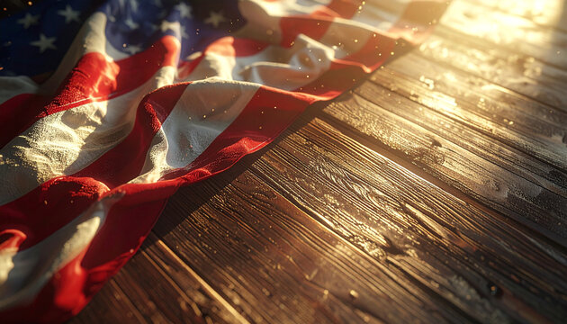 American Flag on Wooden Surface: The United States flag, draped elegantly over a weathered wooden surface, catches the warm glow of sunlight. This image evokes feelings of patriotism, history.