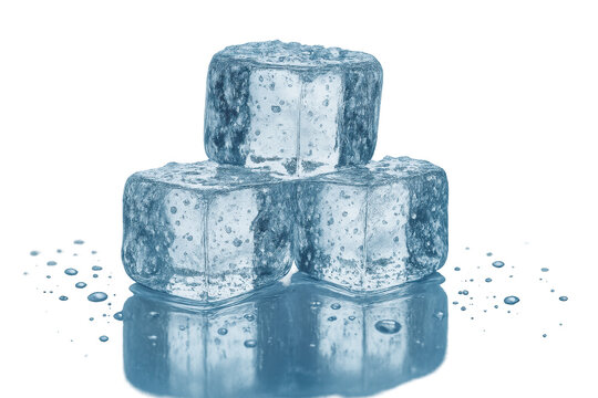 Crystal clear melting ice cubes on reflective glass with droplets macro detail texture