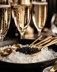 A luxurious caviar dish served on a bed of crushed ice with gold utensils, alongside champagne flutes