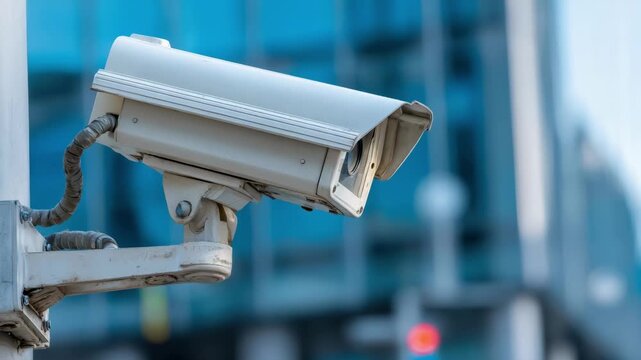 Medium shot of a solarpowered security camera mounted on a building highlighting ecofriendly surveillance technology in urban environments.