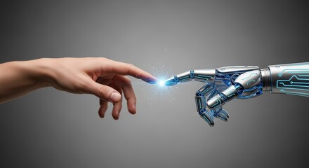 Human Hand Reaches Towards Robotic Hand Glowing Blue Light Symbolizing Artificial Intelligence and Technology Connection