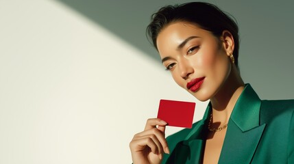 Asian woman holding red gift card close to face, concept of shopping, discount, and holiday retail promotion. Studio portrait symbolizing sale, bonus program, and customer reward