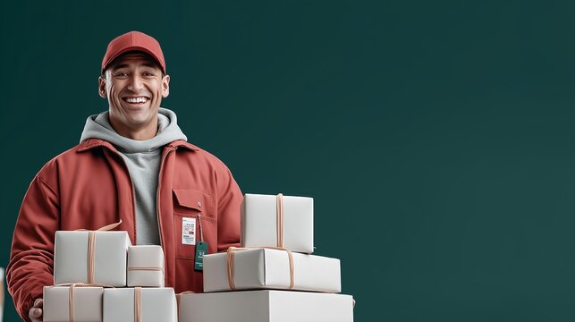 Smiling European male courier holding cardboard boxes on green background, concept of delivery, logistics, and online store shipping. Modern e-commerce worker portrait for service and business marketi
