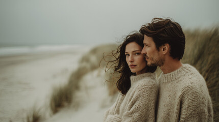 砂丘と荒れた海を背景にした曇り空の浜辺に立つ、一組の男女のクローズアップです。二人はオフホワイトのざっくりしたニットを着用し、男性は女性の後ろから少し寄り添うように立っています。特に女性は正面を向いており、強い眼差しと風になびく髪