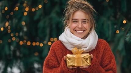 Smiling white European woman in red knit and scarf holding a gold wrapped present. Holiday portrait used in Christmas retail, gifting, and winter campaigns