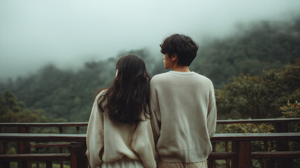 深い霧に覆われた森を背景にした木のデッキ（展望台）に立つ、一組の男女を後ろ姿から捉えたものです。二人は淡い色のニットを着用し、並んで遠くの霞んだ景色を眺めており、静かで落ち着いた雰囲気が漂っています。神秘的な霧、哀愁
