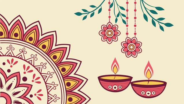 Happy Diwali festival background with decorative elements like glowing diyas, mandala patterns, and sparkling lights, creating a stylish and festive design full of color and celebration