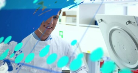 Lab technician pointing at centrifuge panel while animated overlay sweeping, revealing numeric data - Powered by Adobe