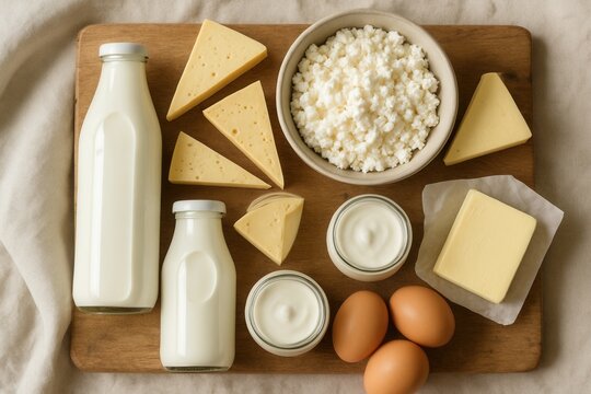 Assorted fresh dairy products arranged on rustic table with milk cheese and yogurt